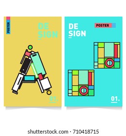 Vector covers design set with retro style. Cool geometric memphis style poster template with alphabets. Summer and autumn design template.