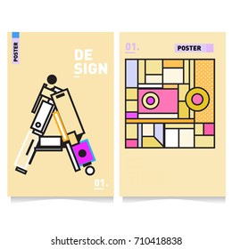 Vector covers design set with retro style. Cool geometric memphis style poster template with alphabets. Summer and autumn design template.