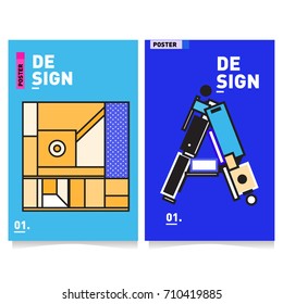 Vector covers design set with retro style. Cool geometric memphis style poster template with alphabets. Summer and autumn design template.