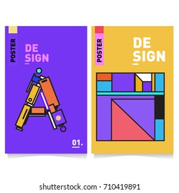 Vector covers design set with retro style. Cool geometric memphis style poster template with alphabets. Summer and autumn design template.