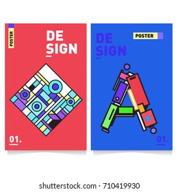 Vector covers design set with retro style. Cool geometric memphis style poster template with alphabets. Summer and autumn design template.