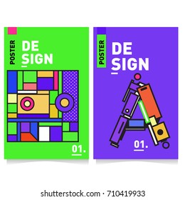 Vector covers design set with retro style. Cool geometric memphis style poster template with alphabets. Summer and autumn design template.