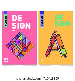 Vector covers design set with retro style. Cool geometric memphis style poster template with alphabets. Summer and autumn design template.