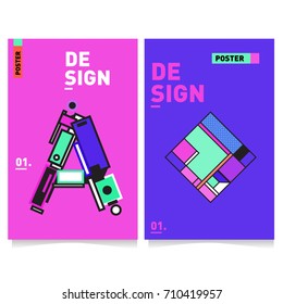 Vector covers design set with retro style. Cool geometric memphis style poster template with alphabets. Summer and autumn design template.