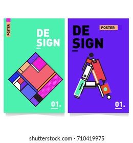 Vector covers design set with retro style. Cool geometric memphis style poster template with alphabets. Summer and autumn design template.