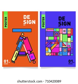 Vector covers design set with retro style. Cool geometric memphis style poster template with alphabets. Summer and autumn design template.