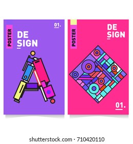 Vector covers design set with retro style. Cool geometric memphis style poster template with alphabets. Summer and autumn design template.