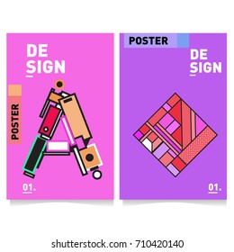 Vector covers design set with retro style. Cool geometric memphis style poster template with alphabets. Summer and autumn design template.