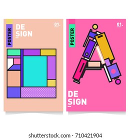 Vector covers design set with retro style. Cool geometric memphis style poster template with alphabets. Summer and autumn design template.