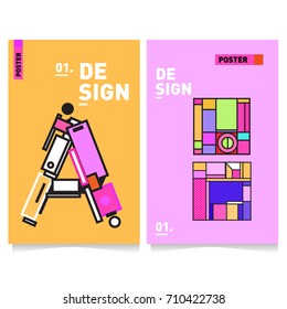 Vector covers design set with retro style. Cool geometric memphis style poster template with alphabets. Summer and autumn design template.