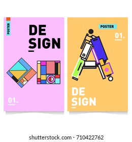 Vector covers design set with retro style. Cool geometric memphis style poster template with alphabets. Summer and autumn design template.