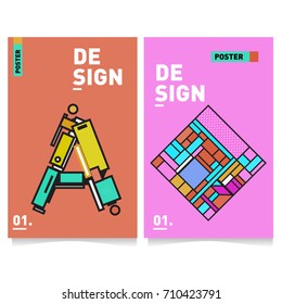 Vector covers design set with retro style. Cool geometric memphis style poster template with alphabets. Summer and autumn design template.