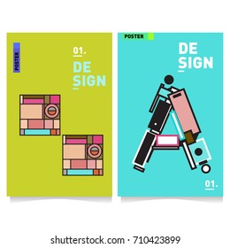 Vector covers design set with retro style. Cool geometric memphis style poster template with alphabets. Summer and autumn design template.