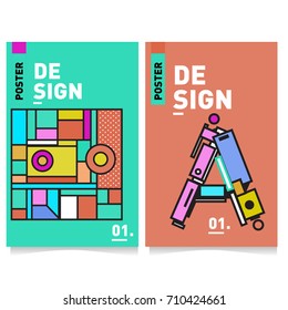 Vector covers design set with retro style. Cool geometric memphis style poster template with alphabets. Summer and autumn design template.