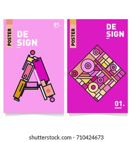 Vector covers design set with retro style. Cool geometric memphis style poster template with alphabets. Summer and autumn design template.