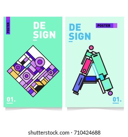 Vector covers design set with retro style. Cool geometric memphis style poster template with alphabets. Summer and autumn design template.