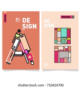 Vector covers design set with retro style. Cool geometric memphis style poster template with alphabets. Summer and autumn design template.