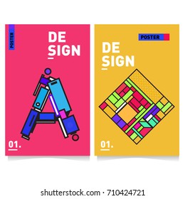 Vector covers design set with retro style. Cool geometric memphis style poster template with alphabets. Summer and autumn design template.