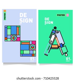 Vector covers design set with retro style. Cool geometric memphis style poster template with alphabets. Summer and autumn design template.