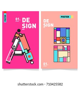 Vector covers design set with retro style. Cool geometric memphis style poster template with alphabets. Summer and autumn design template.