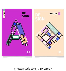 Vector covers design set with retro style. Cool geometric memphis style poster template with alphabets. Summer and autumn design template.