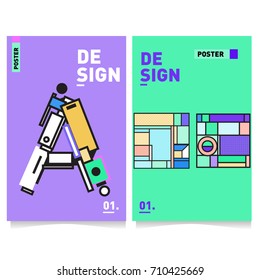 Vector covers design set with retro style. Cool geometric memphis style poster template with alphabets. Summer and autumn design template.