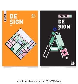 Vector covers design set with retro style. Cool geometric memphis style poster template with alphabets. Summer and autumn design template.