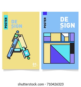 Vector covers design set with retro style. Cool geometric memphis style poster template with alphabets. Summer and autumn design template.