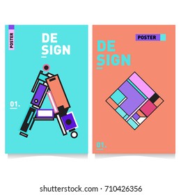 Vector covers design set with retro style. Cool geometric memphis style poster template with alphabets. Summer and autumn design template.