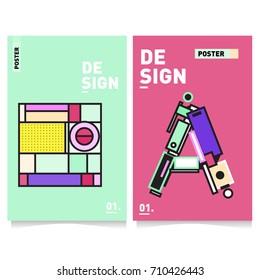 Vector covers design set with retro style. Cool geometric memphis style poster template with alphabets. Summer and autumn design template.