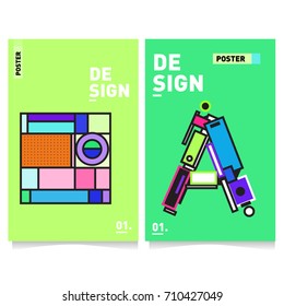 Vector covers design set with retro style. Cool geometric memphis style poster template with alphabets. Summer and autumn design template.