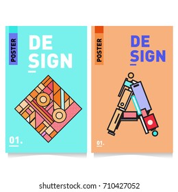 Vector covers design set with retro style. Cool geometric memphis style poster template with alphabets. Summer and autumn design template.