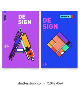 Vector covers design set with retro style. Cool geometric memphis style poster template with alphabets. Summer and autumn design template.