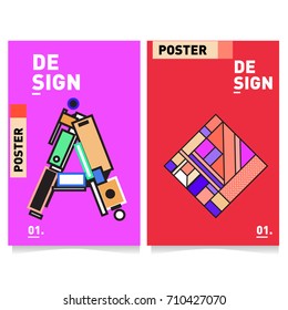 Vector covers design set with retro style. Cool geometric memphis style poster template with alphabets. Summer and autumn design template.