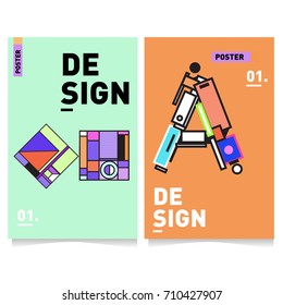 Vector covers design set with retro style. Cool geometric memphis style poster template with alphabets. Summer and autumn design template.