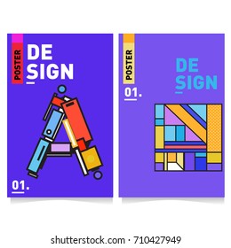 Vector covers design set with retro style. Cool geometric memphis style poster template with alphabets. Summer and autumn design template.