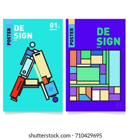 Vector covers design set with retro style. Cool geometric memphis style poster template with alphabets. Summer and autumn design template.
