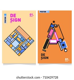 Vector covers design set with retro style. Cool geometric memphis style poster template with alphabets. Summer and autumn design template.
