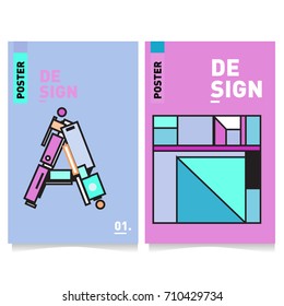 Vector covers design set with retro style. Cool geometric memphis style poster template with alphabets. Summer and autumn design template.