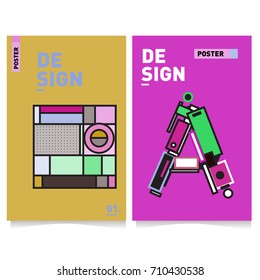 Vector covers design set with retro style. Cool geometric memphis style poster template with alphabets. Summer and autumn design template.