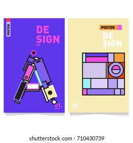 Vector covers design set with retro style. Cool geometric memphis style poster template with alphabets. Summer and autumn design template.