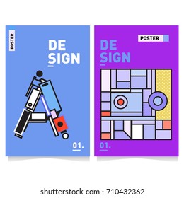 Vector covers design set with retro style. Cool geometric memphis style poster template with alphabets. Summer and autumn design template.