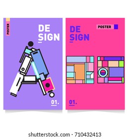 Vector covers design set with retro style. Cool geometric memphis style poster template with alphabets. Summer and autumn design template.