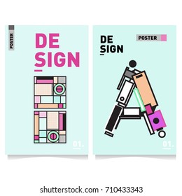 Vector covers design set with retro style. Cool geometric memphis style poster template with alphabets. Summer and autumn design template.