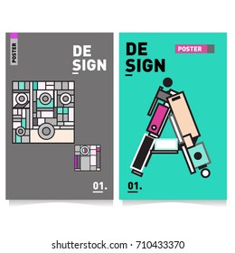 Vector covers design set with retro style. Cool geometric memphis style poster template with alphabets. Summer and autumn design template.