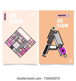 Vector covers design set with retro style. Cool geometric memphis style poster template with alphabets. Summer and autumn design template.