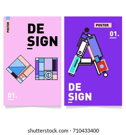 Vector covers design set with retro style. Cool geometric memphis style poster template with alphabets. Summer and autumn design template.