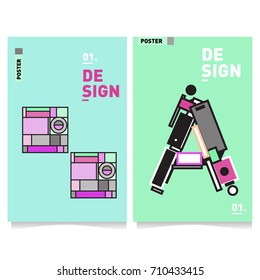Vector covers design set with retro style. Cool geometric memphis style poster template with alphabets. Summer and autumn design template.