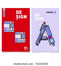 Vector covers design set with retro style. Cool geometric memphis style poster template with alphabets. Summer and autumn design template.