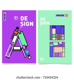 Vector covers design set with retro style. Cool geometric memphis style poster template with alphabets. Summer and autumn design template.